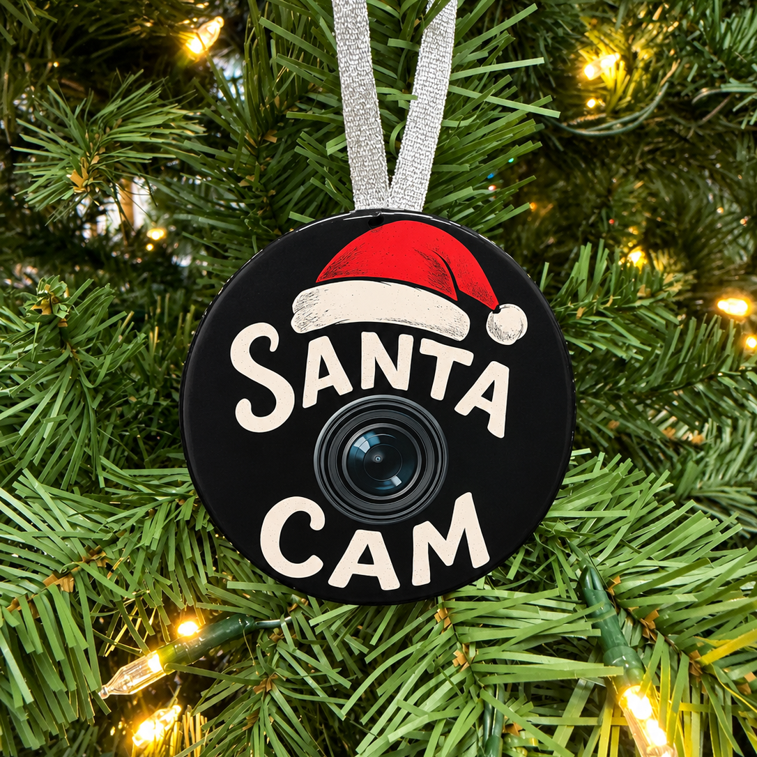 A round black Christmas ornament hanging on a green Christmas tree with warm white string lights. The ornament features a silver glitter ribbon loop, a red Santa hat graphic at the top, and the words 'SANTA CAM' in white around a black camera lens illustration.